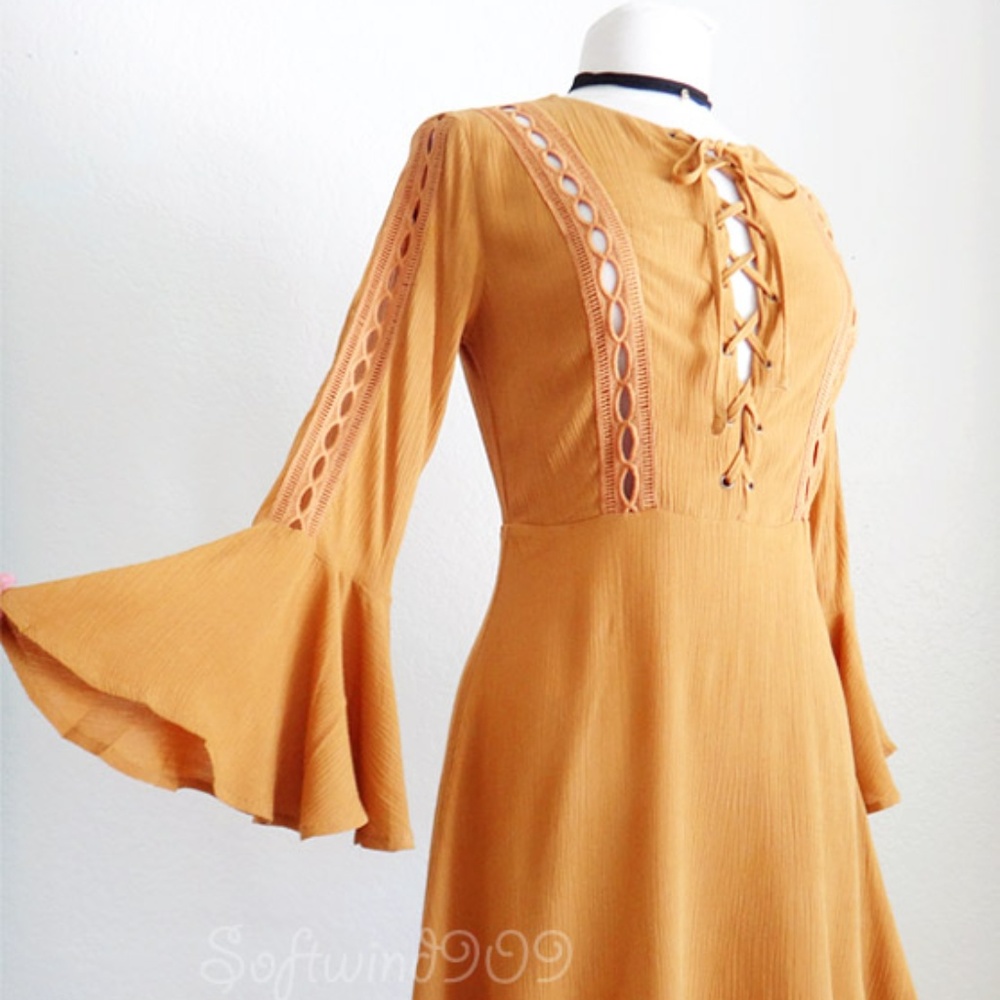 Last☝️Forever 21 Mustard Lace Up Cute Skater Dress - Picture 3 of 8